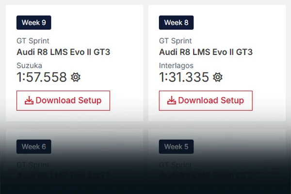 Weekly sim racing car setup updates