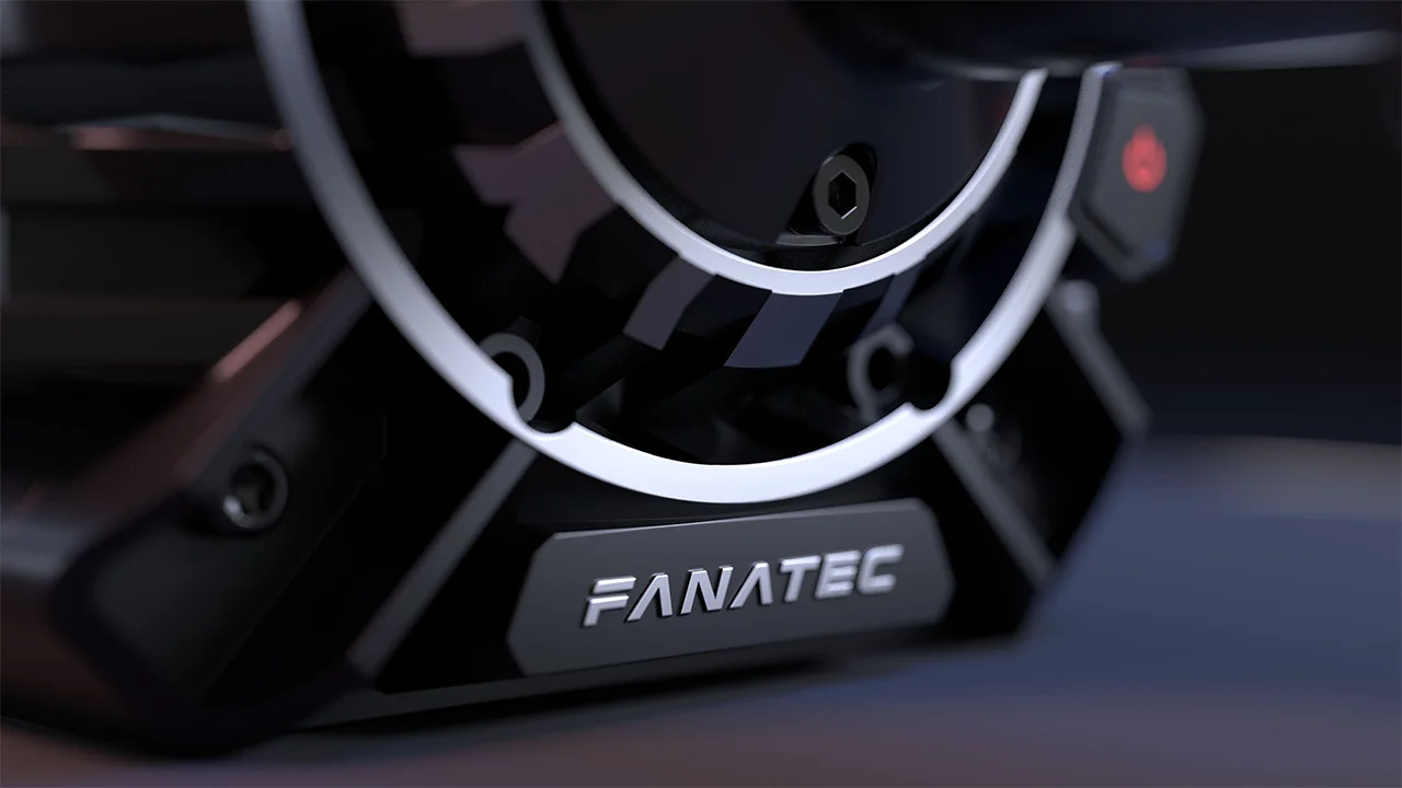 Fanatec branding on the front of podium dd wheel