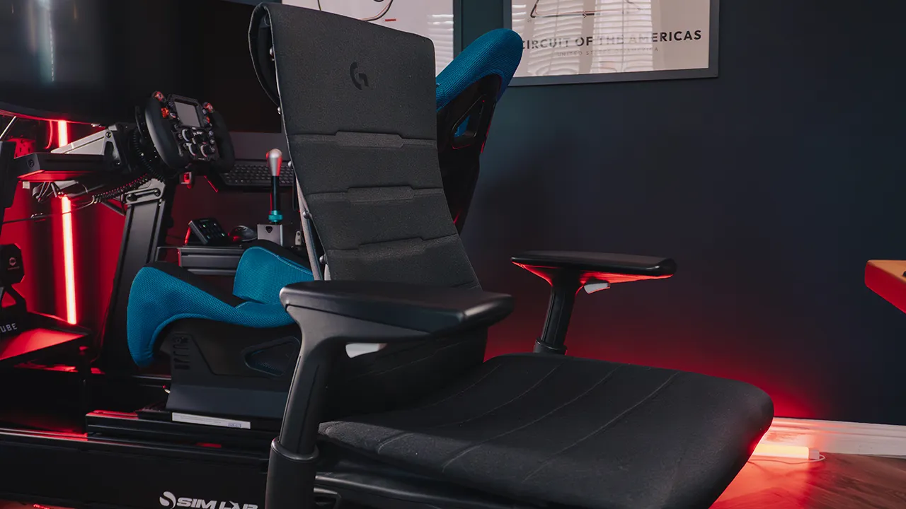 Herman Miller Embody Gaming Chair in front of sim rig